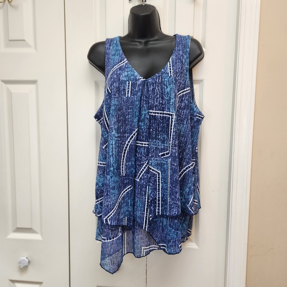 [L] Papa Blue & White Asymmetrical Sleeveless Layered Tunic Sz Large Lightweight